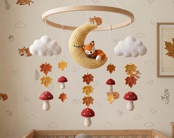 Crochet Fox Baby Mobile, Woodland Crib Mobile, Crochet Nursery Decor, Fox Nursery Mobile, Forest Baby Mobile, Autumn Baby Gift, Newborn Gift