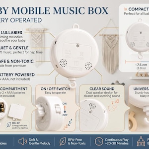 May include: A white, battery-operated baby mobile music box featuring 12 lullabies, a dual speaker design, and an on/off switch. It measures 11 cm by 7.5 cm, requires 2 AAA batteries, and includes a universal hook for attachment to baby mobiles.