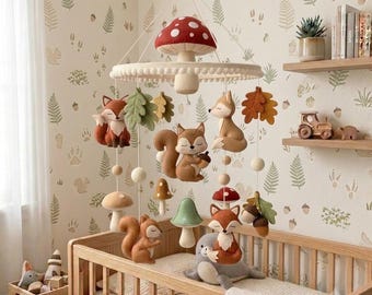 Woodland Baby Mobile, Felt Fox Squirrel Crib Mobile, Mushroom Nursery Decor, Forest Animals Mobile, Newborn Gift, Baby Shower Gift