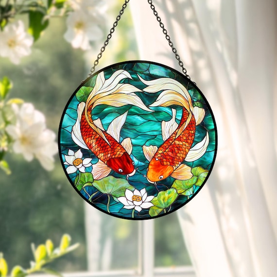 鯉のステンドグラスサンキャッチャー、蓮の池の窓吊り下げ装飾、陰陽