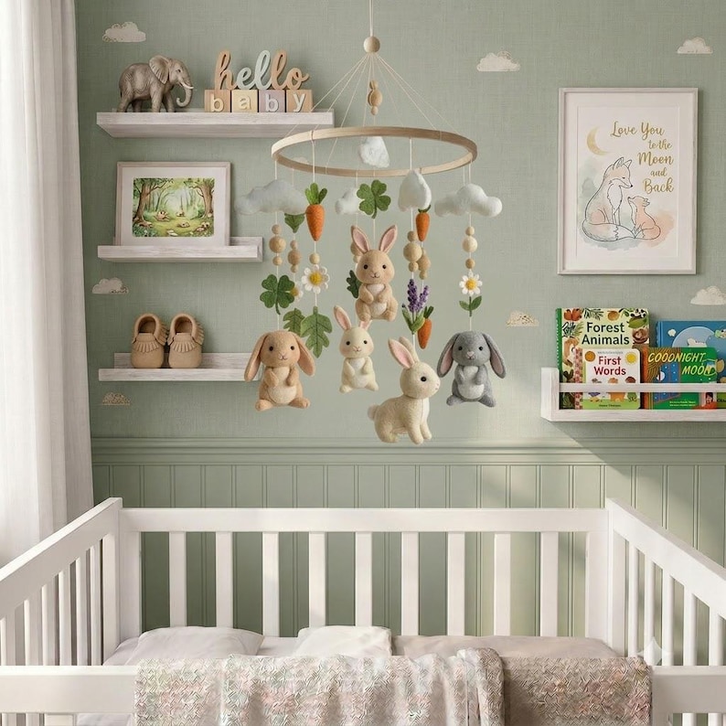 May include: A nursery mobile featuring felted plush rabbits in shades of brown and gray, suspended from a circular wooden frame with felt clouds, carrots, flowers, and green leaves hanging on strings above a white wooden crib.