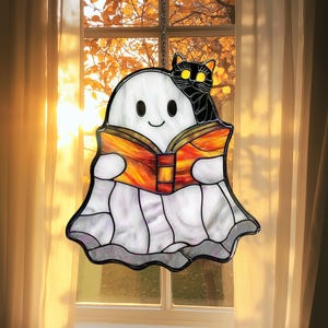 Cute acrylic ghost decoration with cat and book, Halloween home window hanging, spooky acrylic suncatcher for fall home decor