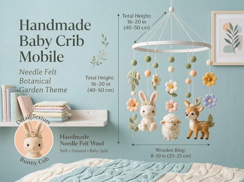 May include: A handmade baby crib mobile featuring needle felt wool figures of a bunny, a sheep, and a deer, accented with felt flowers and leaves hanging from a wooden ring. The total height is 16-20 inches and the ring is 8-10 inches wide.