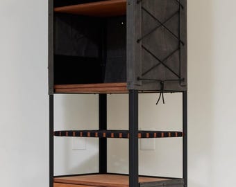 Waxed canvas gear storage cabinet with pullout work surface and Mohogany drawer