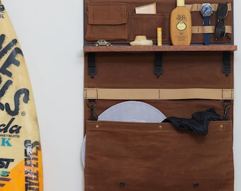 EDC Wall Organizer in waxed canvas with hand oiled Mahogony shelf.