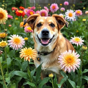 May include: A happy, light brown dog with floppy ears and a black collar smiles in a colorful flower garden. The flowers are various colors, including yellow, pink, and orange, with green leaves. The dog is the focal point of the image.
