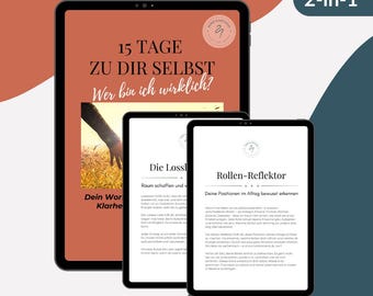 May include: Three digital tablets displaying text. The largest tablet shows "15 TAGE ZU DIR SELBST Wer bin ich wirklich?" in German. The other tablets display text in German. The background is a mix of orange, white, and teal.