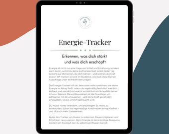 Puede incluir: Una tableta digital muestra el título "Energie-Tracker" en texto negro, con el subtítulo "Erkennen, was dich stärkt und was dich erschöpft." La pantalla tiene un fondo blanco con texto negro y un logotipo en la esquina superior.