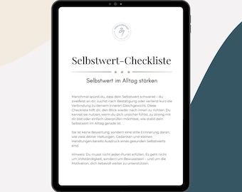 Puede incluir: Una tableta negra muestra un documento en alemán titulado "Selbstwert-Checkliste", con el subtítulo "Selbstwert im Alltag stärken". El documento contiene texto y un logotipo. El fondo es blanco y turquesa.