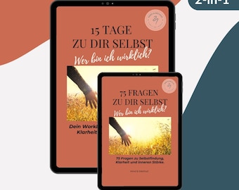 May include: Two digital tablets displaying book covers with German text. The larger tablet reads "15 TAGE ZU DIR SELBST Wer bin ich wirklich?" and the smaller one says "75 FRAGEN ZU DIR SELBST Wer bin ich wirklich?" Both feature a hand reaching towards a sunset.