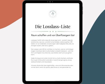 Puede incluir: Una tableta digital muestra un documento en alemán titulado "Die Losslass-Liste". El documento incluye texto y un logotipo en la esquina superior derecha. La tableta se encuentra sobre un fondo de formas naranjas, azules y blancas.
