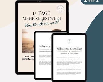 May include: Three tablets displaying self-esteem content. The largest tablet shows "15 DAYS MORE SELF-ESTEEM" and "What am I worth?" The other tablets show checklists and self-esteem exercises. The tablets are on a teal background.