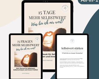Puede incluir: Un paquete de productos digitales que se muestra en tres tabletas. Las pantallas muestran texto en alemán, incluyendo "15 TAGE MEHR SELBSTWERT" y "75 FRAGEN MEHR SELBSTWERT". El paquete incluye un diario para la autoestima y la libertad interior.