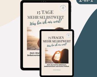 May include: Two black tablets displaying journal covers with German text. The larger tablet reads "15 TAGE MEHR SELBSTWERT" and "Was bin ich mir wert?" The smaller tablet reads "75 FRAGEN MEHR SELBSTWERT" and "Was bin ich mir wert?" Both have a logo.