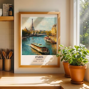 Paris Seine River Art Print -  Eiffel Tower Boat Poster - France Travel Coordinates Home Décor - Museum-Grade Art Print