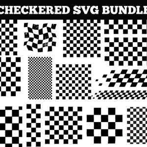 May include: A collection of black and white checkered patterns in various shapes and sizes. The image includes squares, rectangles, and distorted checkerboard designs. The text "CHECKERED SVG BUNDLE" is at the top.