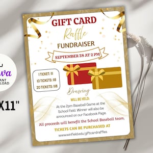 May include: A rectangular gift card raffle fundraiser flyer, 8.5" x 11", with gold and burgundy accents. The flyer includes the text "Gift Card Raffle Fundraiser" and details about the drawing, including the date, time, and location. The flyer also includes the text "Canva Instant Download".