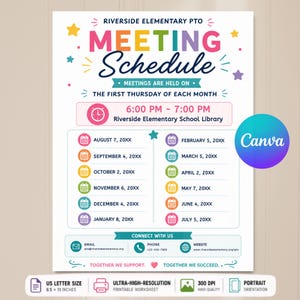 May include: A white flyer titled Riverside Elementary PTO Meeting Schedule with colorful text and star accents. It lists monthly meeting dates, a 6:00 PM to 7:00 PM time slot, and contact information. The document is 8.5 by 11 inches in size.