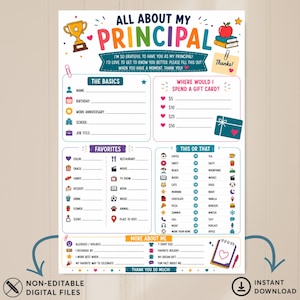 Op de afbeelding: Een printbare vragenlijst getiteld All About My Principal met secties voor basisgegevens, favorieten, voorkeuren voor cadeaubonnen, dit of dat keuzes en meer over mij. Het kleurrijke document bevat iconen zoals een trofee en een appel.