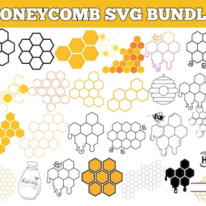 May include: A selection of honeycomb-themed SVG graphics. Designs include solid and outlined honeycombs, dripping honey, bees, and a honey jar. The text "HONEYCOMB SVG BUNDLE" is displayed at the top of the image.
