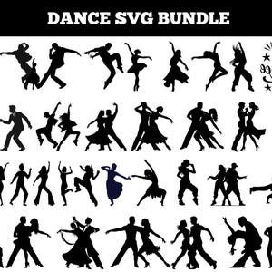 Puede incluir: Un paquete SVG en blanco y negro con varias poses de baile. La imagen incluye siluetas de bailarines solistas, parejas y el texto "Dance SVG Bundle" en la parte superior. También se incluye la frase "Love to Dance".