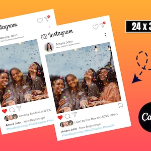 Puede incluir: Dos impresiones estilo Instagram, cada una de 61 x 91 cm, con una foto de personas sonriendo mirando hacia arriba. La interfaz de Instagram incluye un perfil, me gusta y comentarios. El texto incluye "Amara John" y hashtags. El logotipo de Canva está en la esquina.