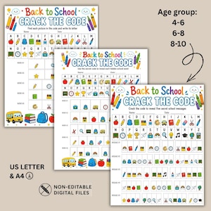 Back to School Crack the Code Bundle, 3 Printable Activity Sheets, Ages 4-10 Classroom Games, No Prep Teacher Resource, Instant Download