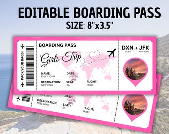 Plantilla editable de tarjeta de embarque, invitación para viaje de chicas (descarga digital)