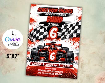 Invitación de cumpleaños editable de coche de carreras, fiesta de carreras, invitación de coche de carreras deportivo, invitación para niños, cumpleaños de coche, plantilla de Canva