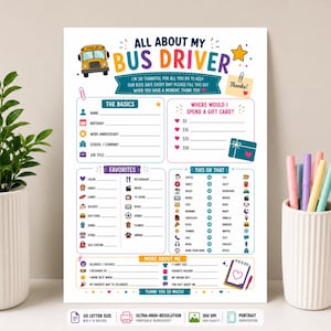 Può includere: Un foglio di lavoro stampabile All About My Bus Driver con un autobus scolastico giallo, testo colorato e sezioni per nome, compleanno, preferiti e preferenze. Il documento include un'etichetta per il formato lettera USA.