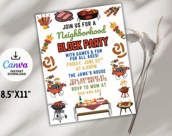 Neighborhood Block Party Invitation: Editable BBQ Invite Canva Template (Digital Download)