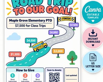 School Bus Fundraising Goal Tracker, Field Trip Fundraiser Thermometer Editable Canva, PTO PTA Donation Progress Chart