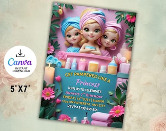 Editable Spa Birthday Party Invitation: Glam Pamper Theme (Canva Template)