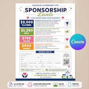 Op de afbeelding: Een flyer met sponsorniveaus voor de Riverside Elementary PTO met vier categorieën: Platinum voor $2.000, Gold voor $1.250, Silver voor $750 en Bronze voor $400. Het document bevat een aanmeldformulier, een QR-code en de tekst A Brighter Future.
