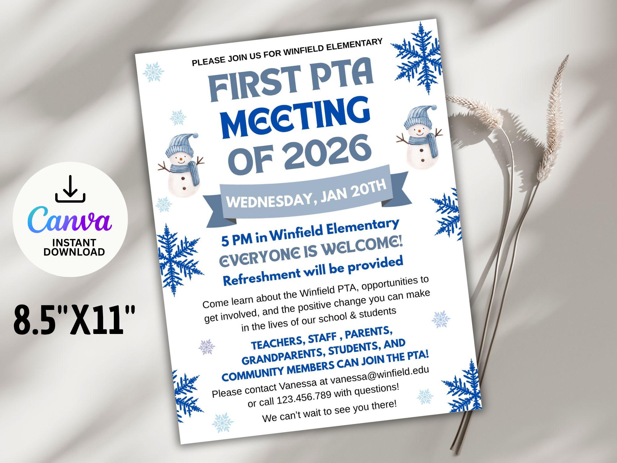 January PTA Meeting Flyer: School Event Poster (editable Canva Template ...