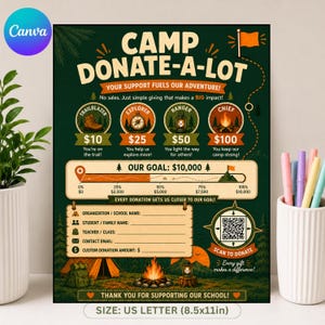 May include: A dark green flyer titled CAMP DONATE-A-LOT with a camping theme. It features donation tiers from $10 to $100, a $10,000 goal progress bar, a QR code for donations, and blank lines for contact information. The size is 8.5x11 inches.