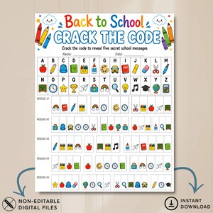 May include: A Back to School Crack the Code activity sheet featuring a colourful alphabet cipher with school-themed icons for each letter. The page includes five secret messages to decode, with blank boxes for names and dates at the top of the page.