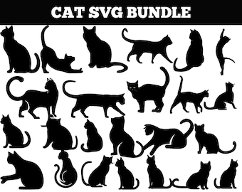 Può includere: Una collezione di sagome di gatti neri in varie pose, tra cui seduti, che si allungano e camminano. Il testo "CAT SVG BUNDLE" è visualizzato in alto in lettere bianche in grassetto.