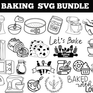 Könnte beinhalten: Schwarz-weiße Illustrationen zum Thema Backen. Enthält Küchenmaschinen, Handmixer, Kuchenformen, Mehl, Milchkarton, Kekse, Mikrowelle und Text wie "Let's Bake" und "Baked with Loved".