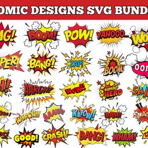 Puede incluir: Un conjunto de bocadillos de estilo cómic con texto en negrita y diseños dinámicos. Las frases incluyen "OMG!", "BOOM!", "POW!", "SUPER!" y más, en colores vibrantes como el rojo, el amarillo y el azul. Las palabras están delineadas en negro.