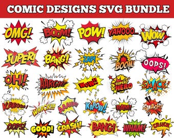 Comic Action SVG Bundle: Pop Art Text, Cartoon Clipart (Digital Download)