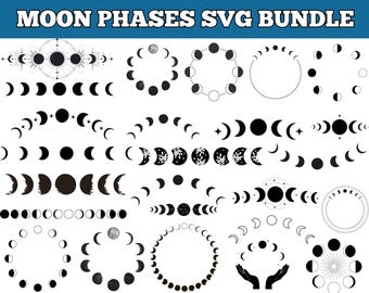 May include: A collection of black and white moon phase designs, including crescent moons, full moons, and phases in between. The text "MOON PHASES SVG BUNDLE" is at the top. The designs are arranged in various circular and linear patterns.
