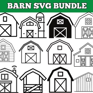 Peut inclure: Une collection d'illustrations de granges en noir et blanc, dans différents styles. Les granges présentent différents modèles de portes, emplacements de fenêtres et lignes de toit. Le texte "BARN SVG BUNDLE" est en haut.