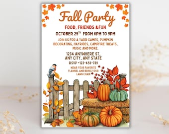 Fall Harvest Party Invitation: Bonfire Invite, Editable Canva Template (Digital Download)