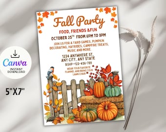 Fall Harvest Party Invitation: Bonfire Invite, Editable Canva Template (Digital Download)