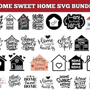 Puede incluir: Una colección de varios diseños SVG de "Home Sweet Home" en blanco y negro, con corazones y contornos de casas. El texto "HOME SWEET HOME SVG BUNDLE" está en la parte superior.