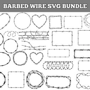 May include: A selection of black barbed wire designs in diverse shapes, such as hearts, circles, and rectangles. The text "BARBED WIRE SVG BUNDLE" is at the top. These vector graphics are ideal for digital art projects.