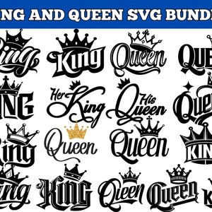 Könnte beinhalten: Eine Sammlung von schwarz-weißen SVG-Designs mit den Wörtern "King" und "Queen" in verschiedenen Schriftarten, jeweils mit Krone. Der Text "KING AND QUEEN SVG BUNDLE" befindet sich oben.