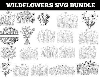 Lot de fleurs sauvages SVG : bouquet floral minimaliste, motifs botaniques (téléchargement numérique)