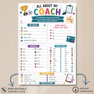 Coach Favorite Things List Printable, All About My Coach Questionnaire, Coach Appreciation End of Season Gift Ideas Form, Team Mom Survey